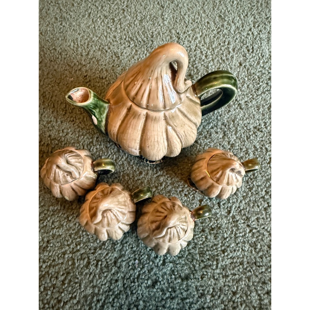Vintage Pumpkin Gourd Ceramic Tea Set Teapot 4 Lidded Cups Tan Green Autumn - Picture 2 of 5